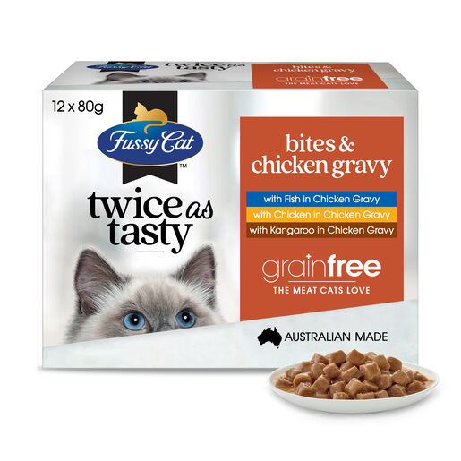 Fussy Cat Twice as Tasty Grain Free Bites & Chicken gravy Wet Cat Food 12x80g