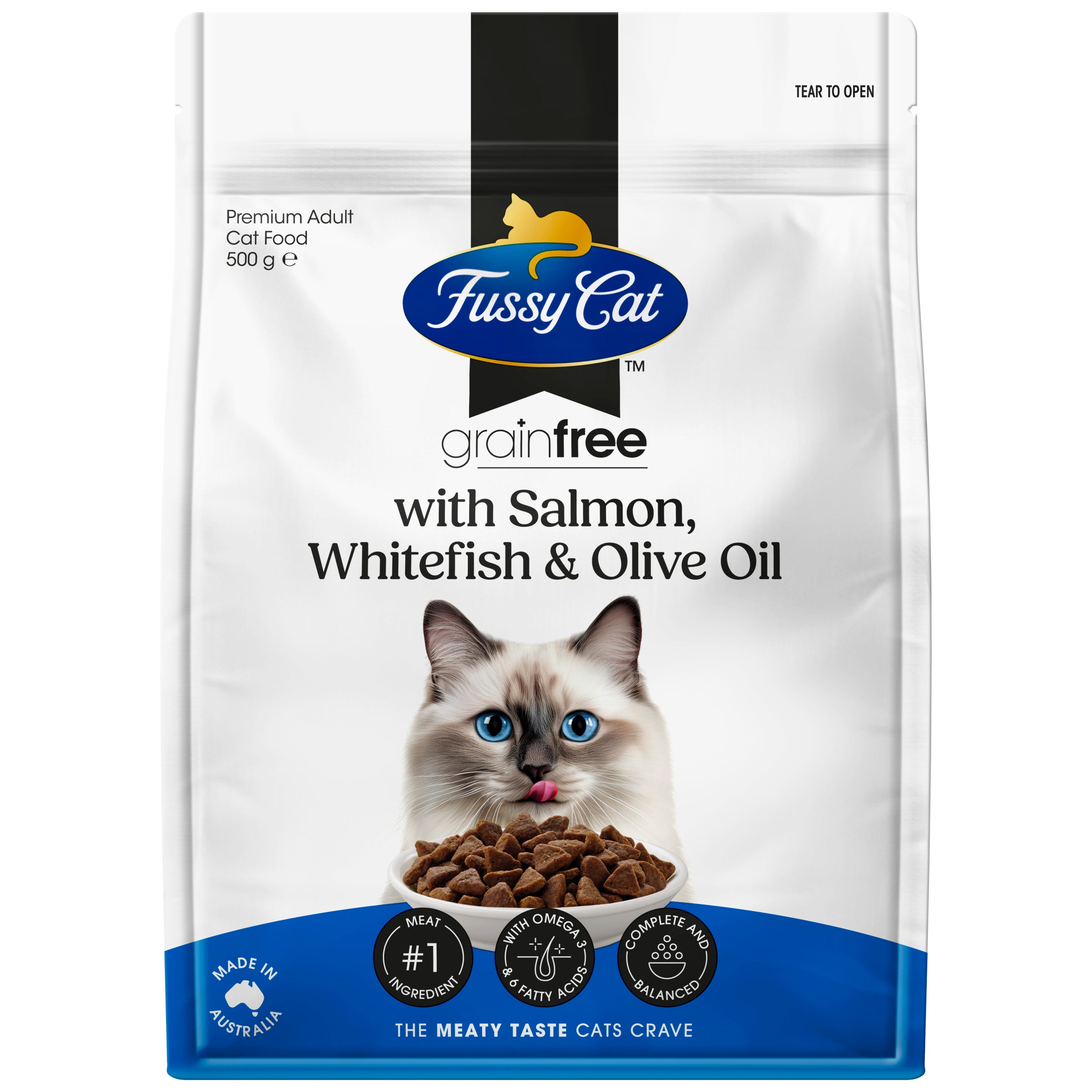 Fussy Cat Grain Free Salmon, Whitefish and Olive Oil Dry Cat Food 500g