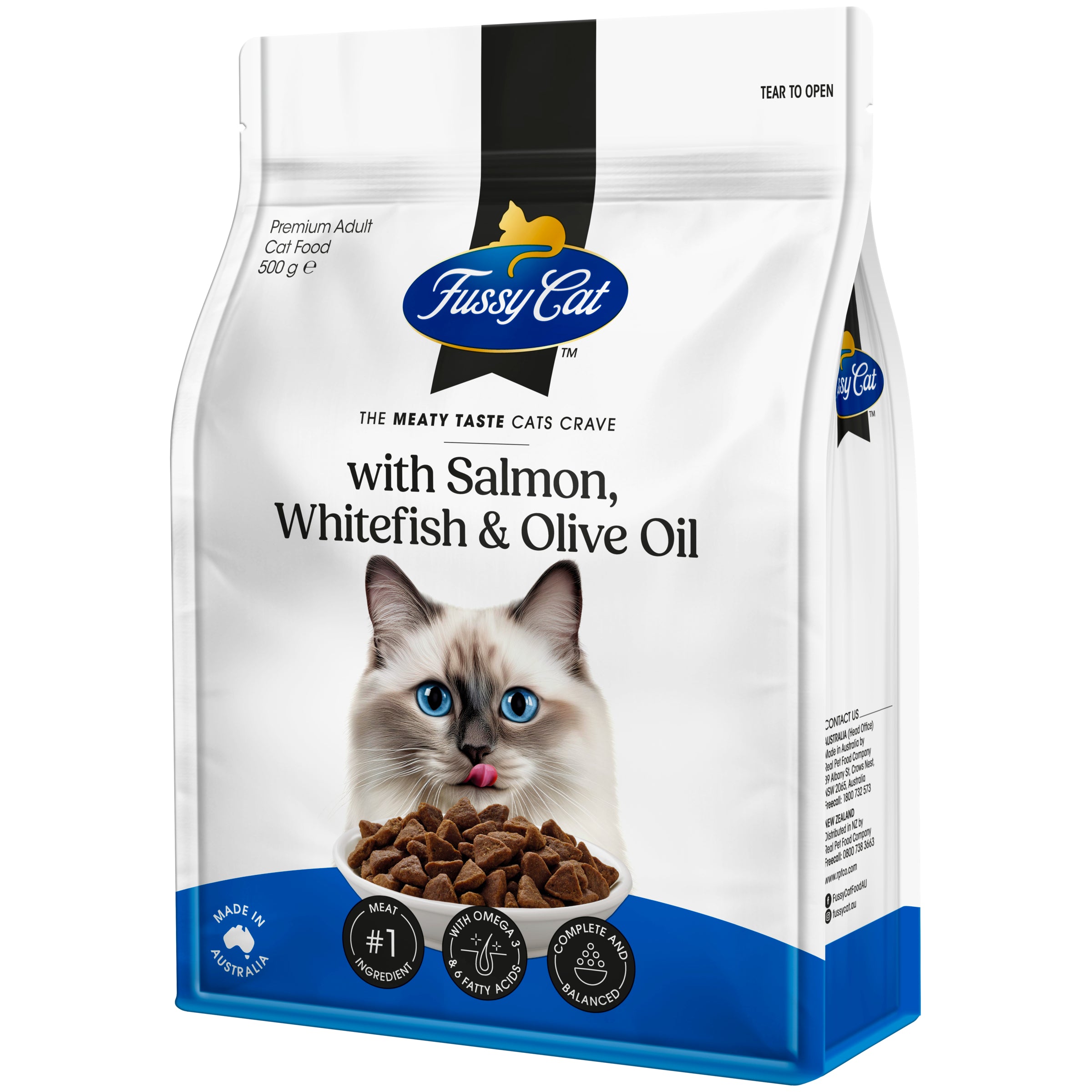 Fussy Cat Grain Free Salmon, Whitefish and Olive Oil Dry Cat Food 500g