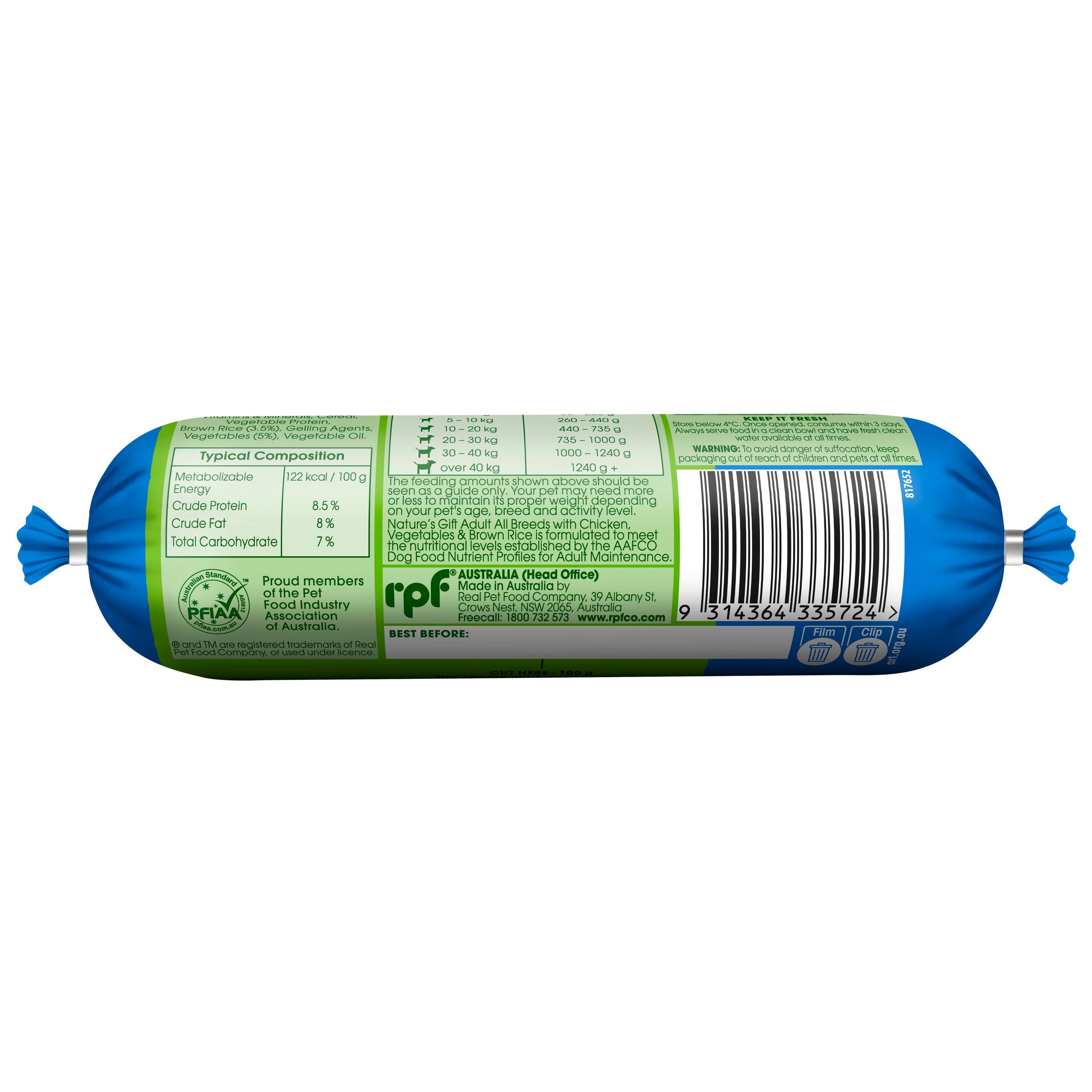 Nature's Gift Fresh Dog Roll with Chicken Brown Rice & Vegetables 200g