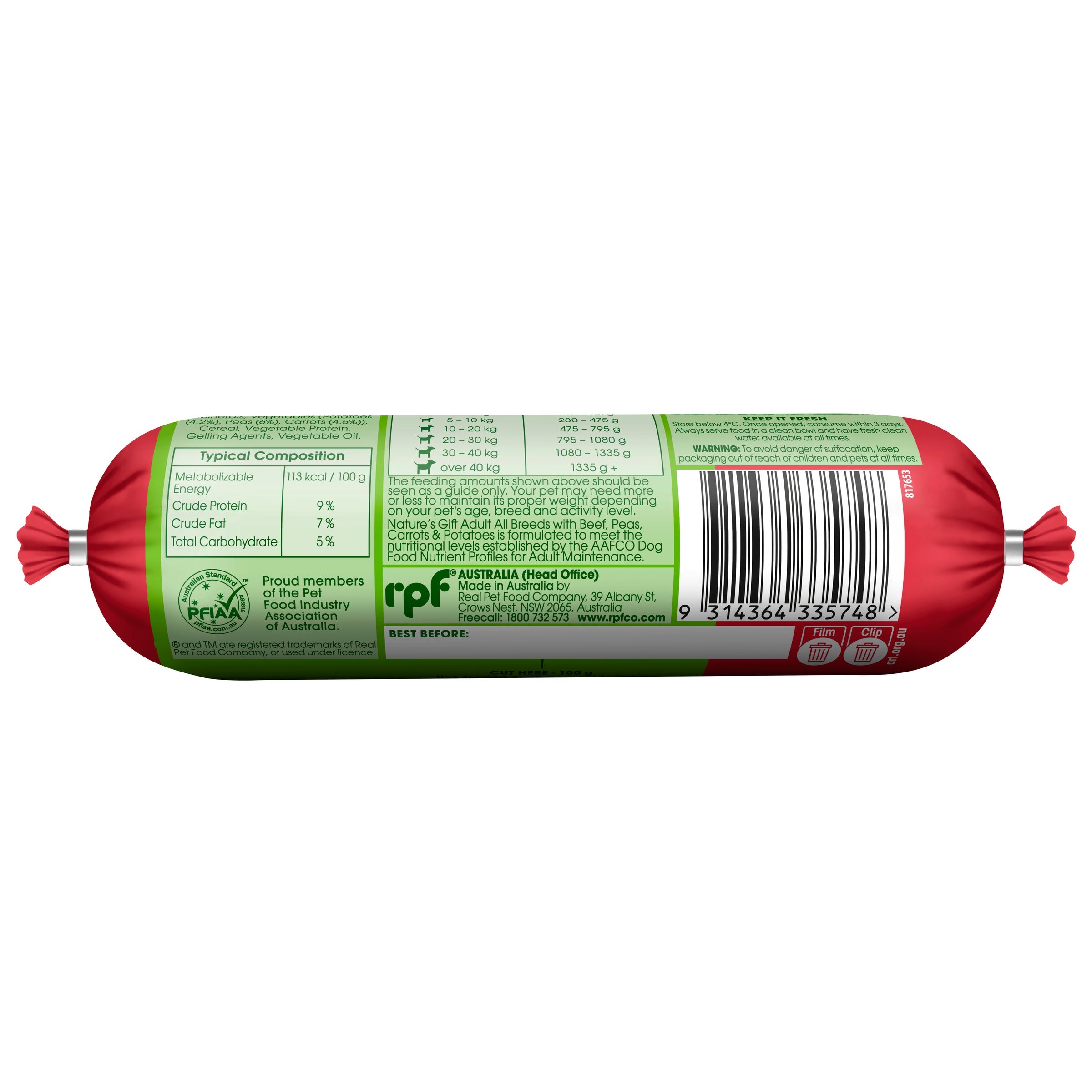 Nature's Gift Fresh Dog Roll with Beef, Potato, Carrots & Peas 200g