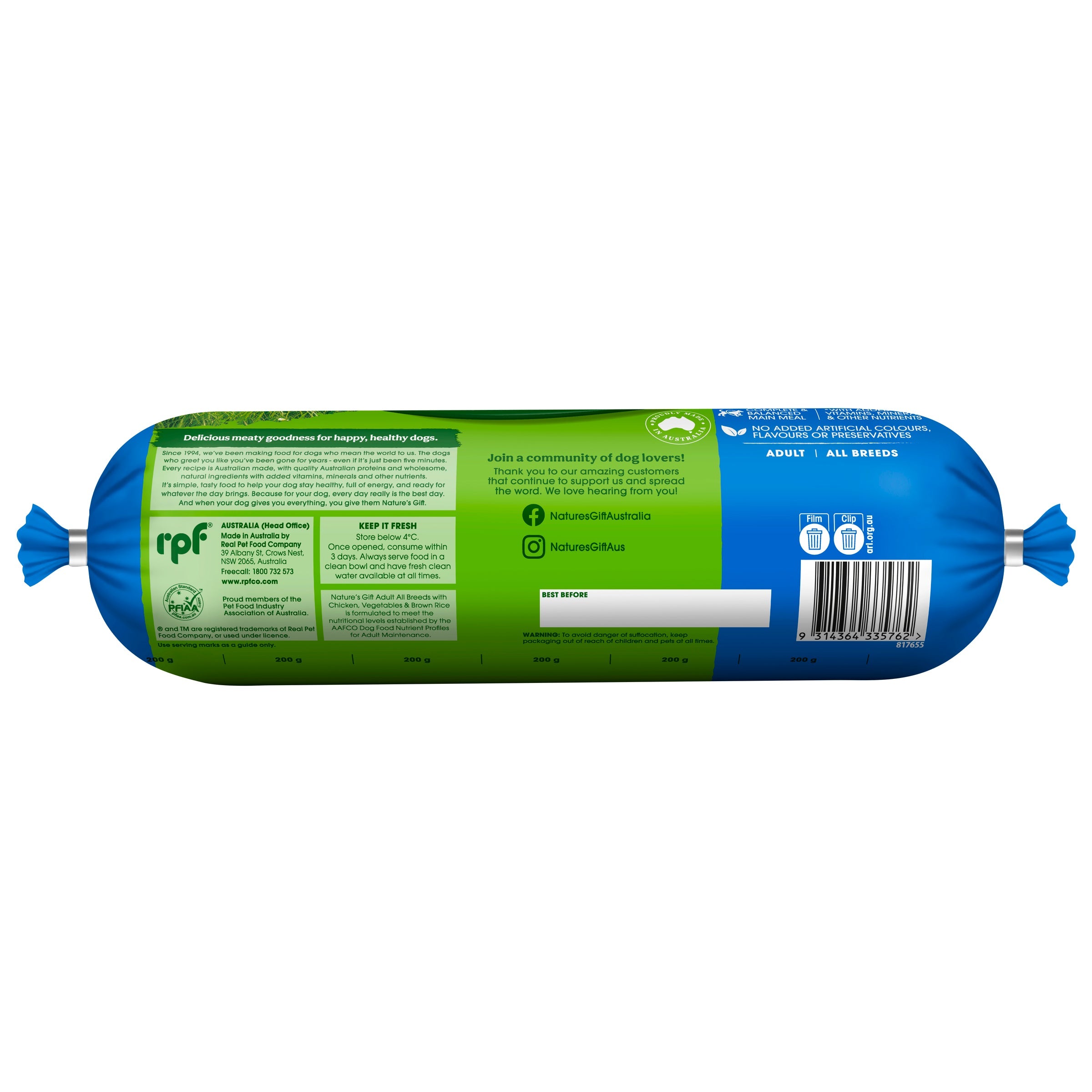Nature's Gift Fresh Dog Roll with Chicken, Brown Rice & Vegetables 1.4kg