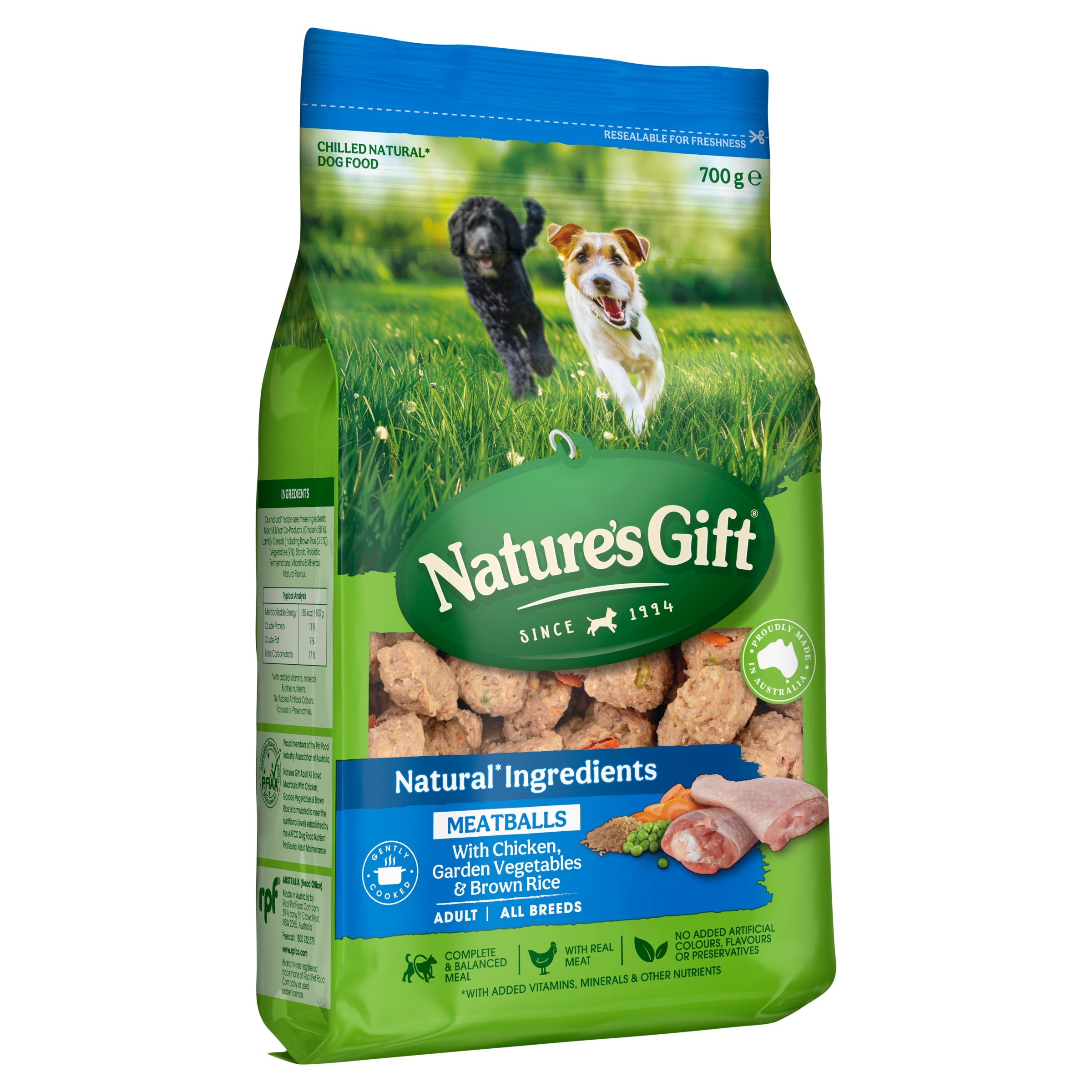 Nature's Gift Meatballs with Chicken, Brown Rice and Garden Vegetables Adult Chilled Dog Food 700g