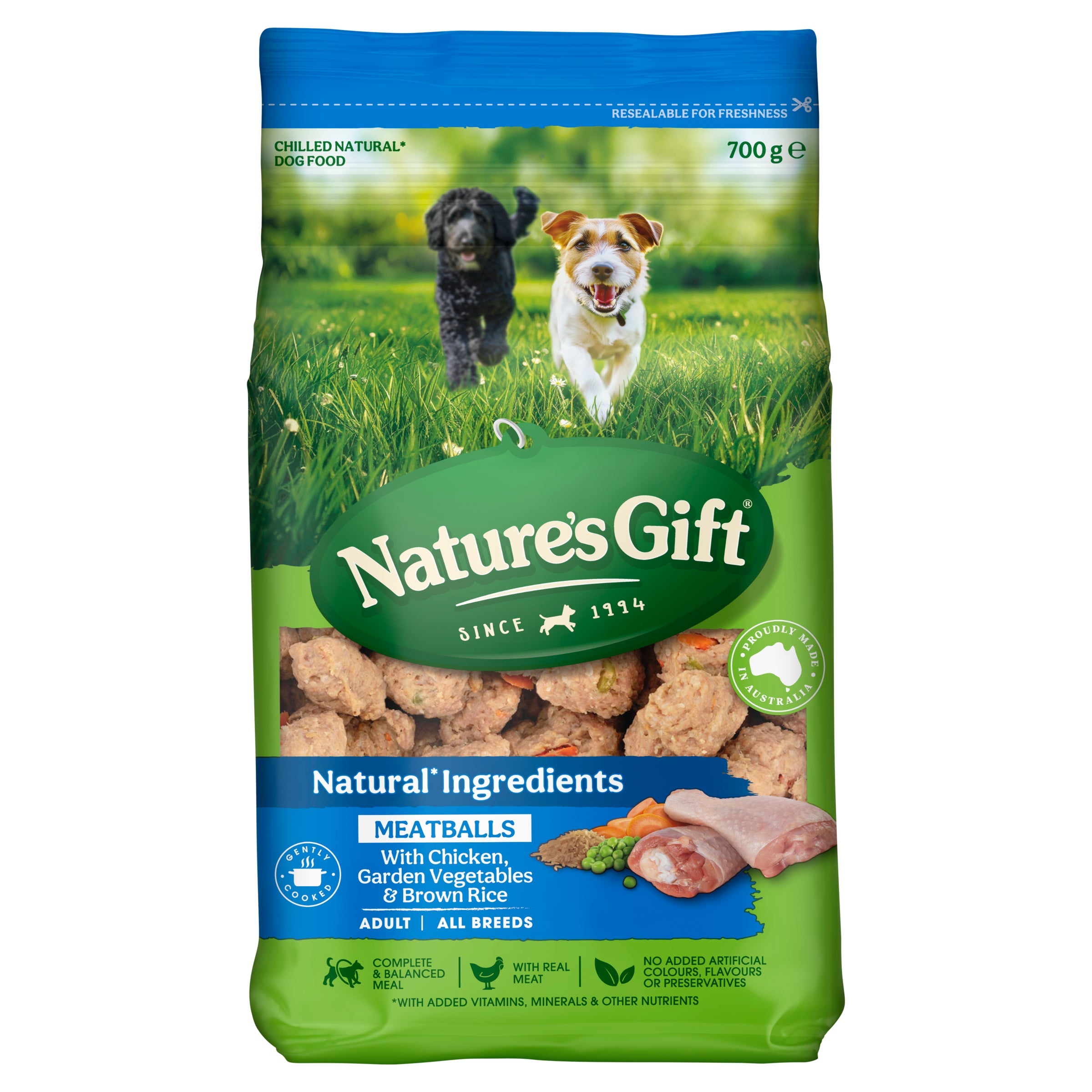 Nature's Gift Meatballs with Chicken, Brown Rice and Garden Vegetables Adult Chilled Dog Food 700g