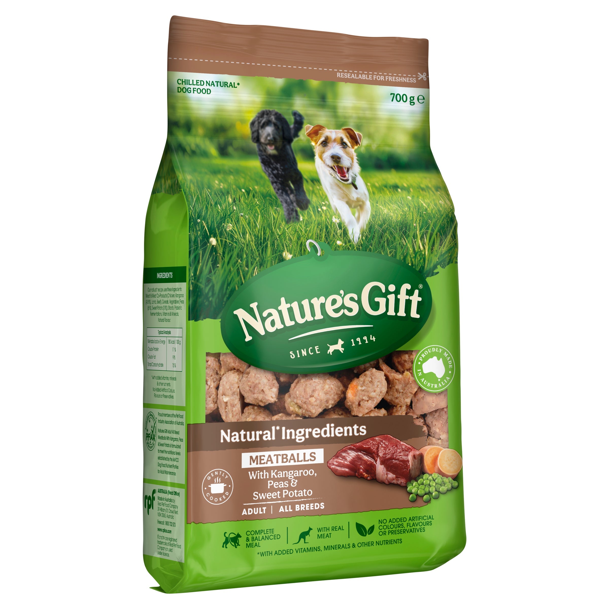 Nature's Gift Meatballs With Kangaroo, Sweet Potato & Peas Adult Chilled Dog Food 700g
