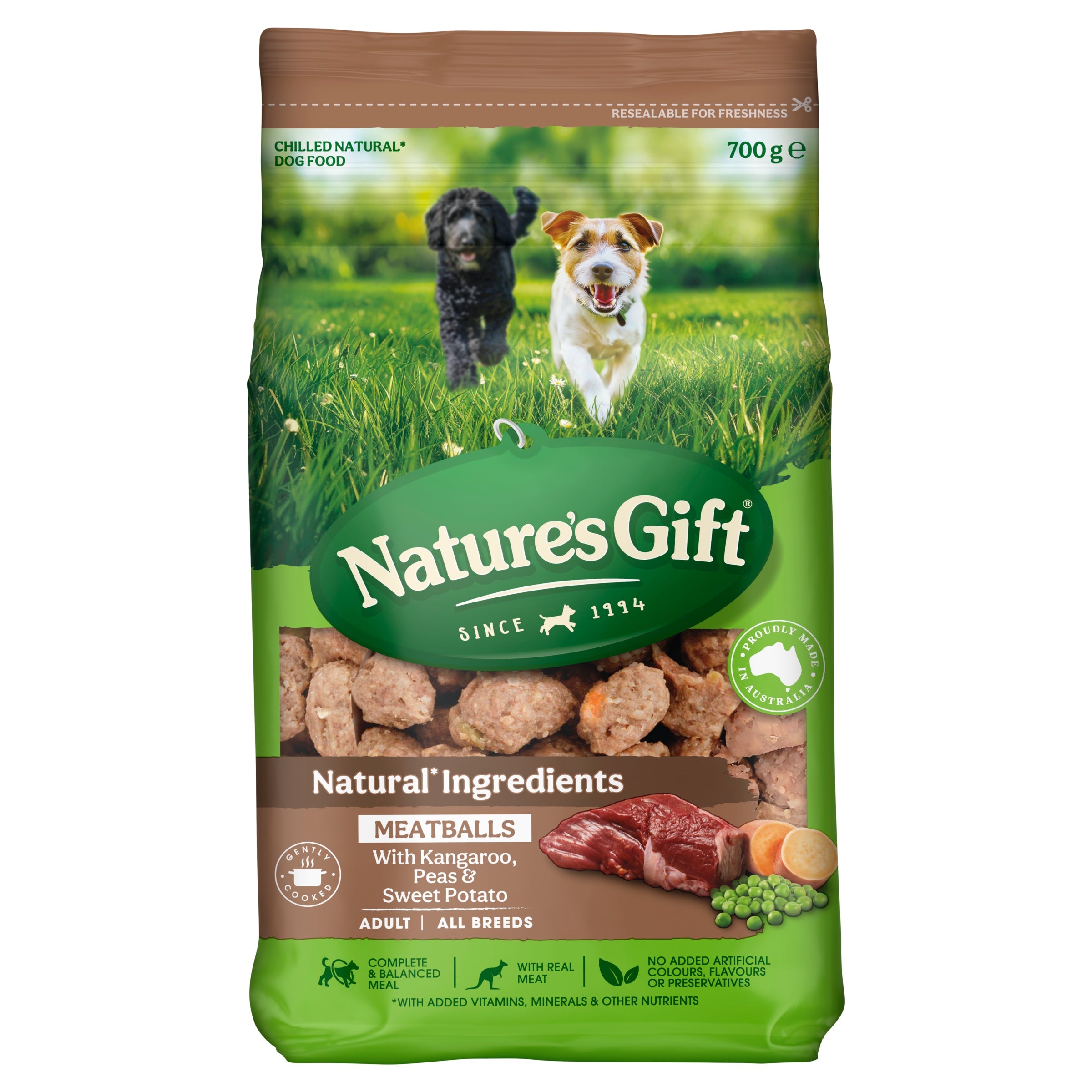 Nature's Gift Meatballs With Kangaroo, Sweet Potato & Peas Adult Chilled Dog Food 700g